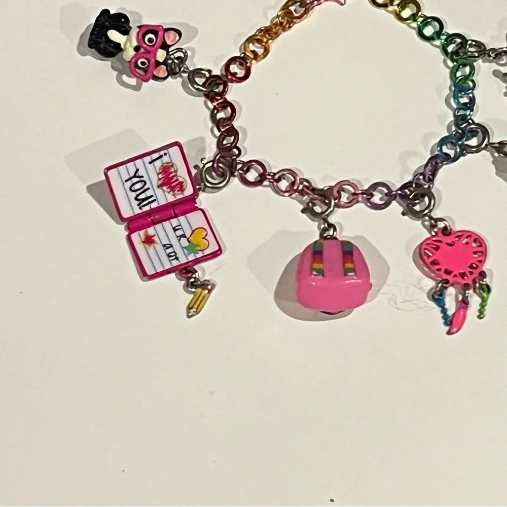 Charm It! Rainbow Charm Bracelet w/ 6 Charms Diary, Bike, Backpack, Heart, Cat